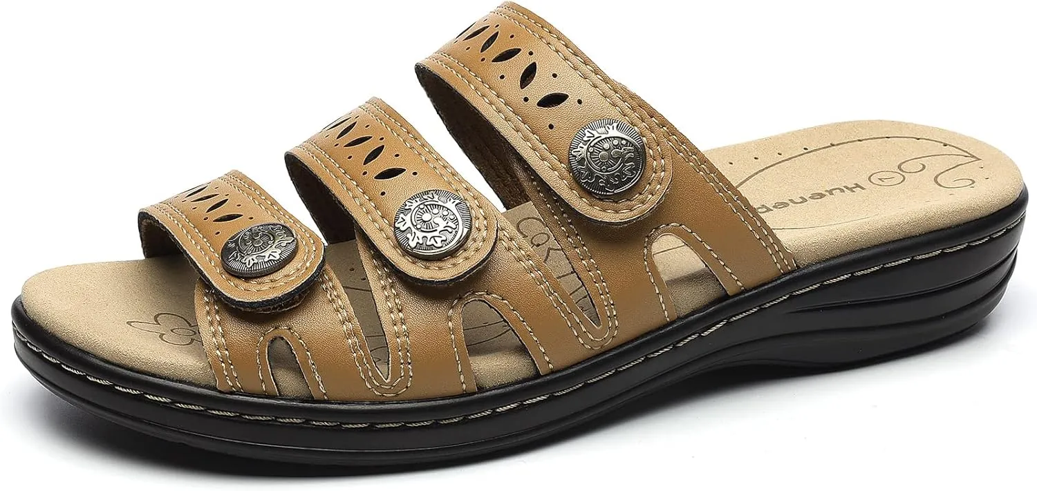 Women's Comfort Leather Slides Lightweight Flat Sandals Cute Slip On Casual Walking Slippers