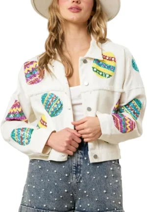 Womens Cropped Jacket Easter Sequin Corduroy Fringed Jacket Sparkly Oversized Vintage Button Down Shirt