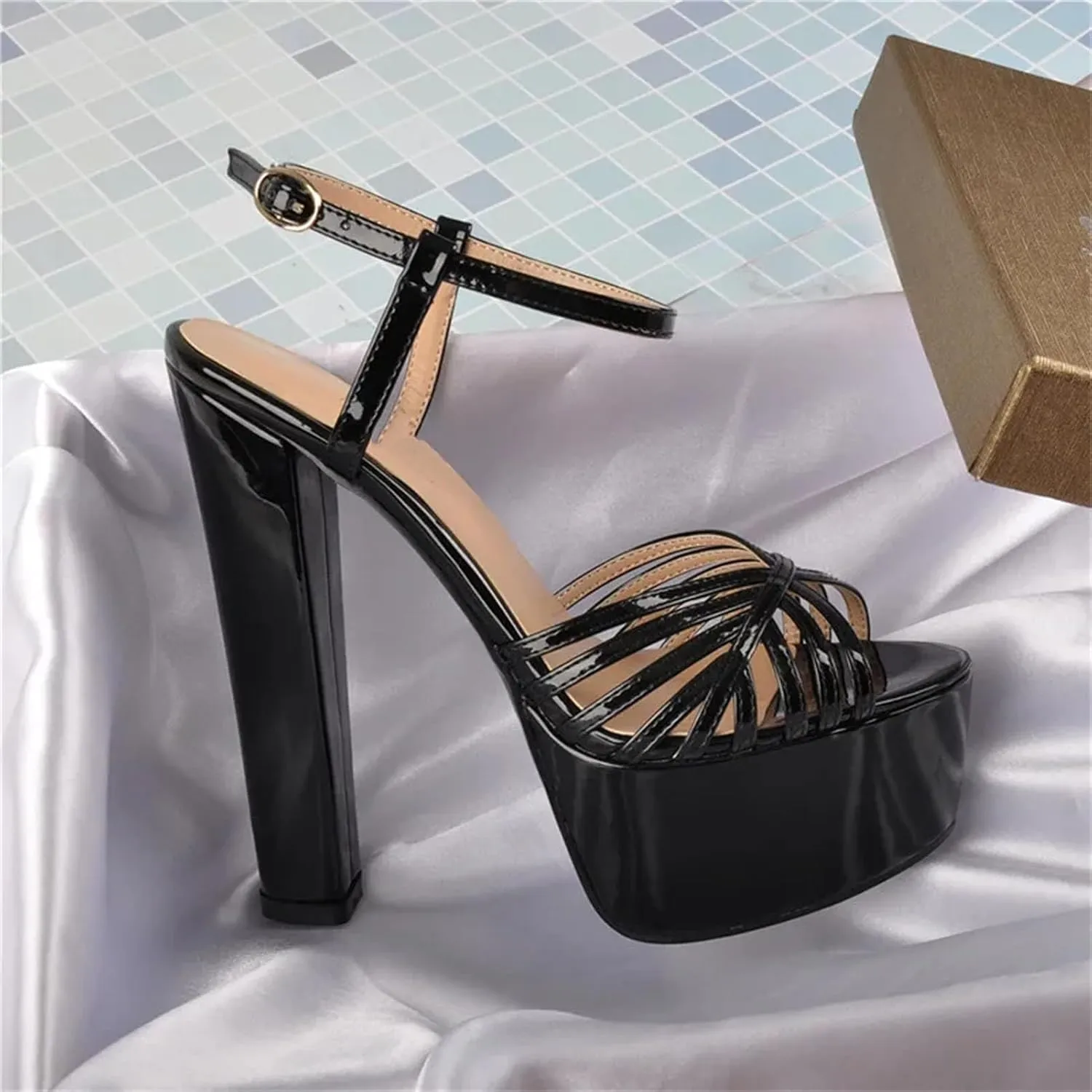 Women's Cross Band Platforms - Open Toe Chunky Buckle Sandals