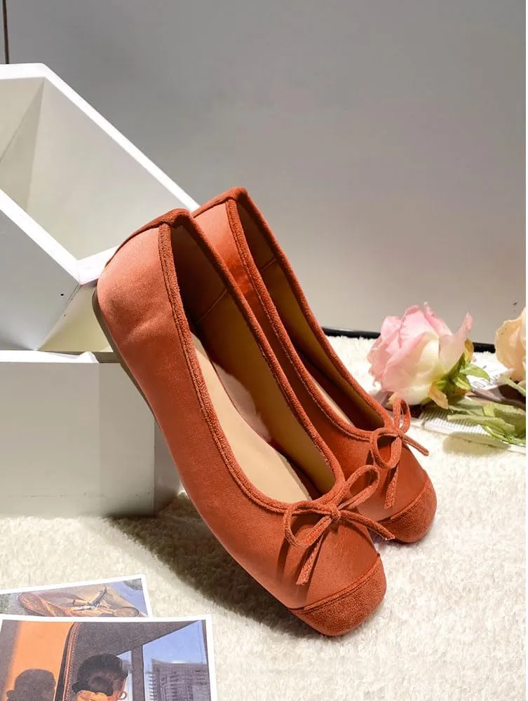 Women's Cute Bow Cap Toe Ballet Flats Fashion Satin Suede Two Toned Low Heels Closed Square Toe Comfortable Slip On Work Prom Party Dress Shoes for Ladies