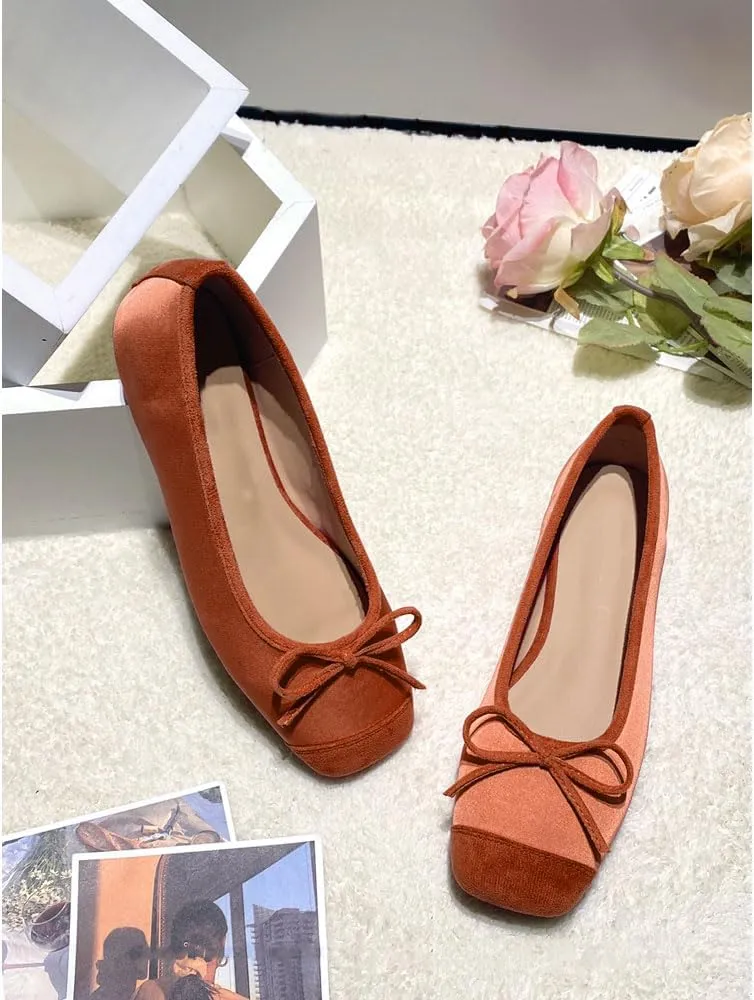 Women's Cute Bow Cap Toe Ballet Flats Fashion Satin Suede Two Toned Low Heels Closed Square Toe Comfortable Slip On Work Prom Party Dress Shoes for Ladies