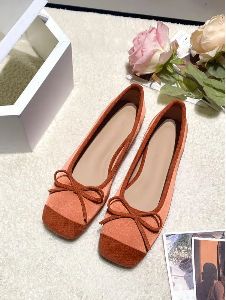 Women's Cute Bow Cap Toe Ballet Flats Fashion Satin Suede Two Toned Low Heels Closed Square Toe Comfortable Slip On Work Prom Party Dress Shoes for Ladies