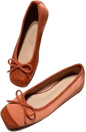 Women's Cute Bow Cap Toe Ballet Flats Fashion Satin Suede Two Toned Low Heels Closed Square Toe Comfortable Slip On Work Prom Party Dress Shoes for Ladies