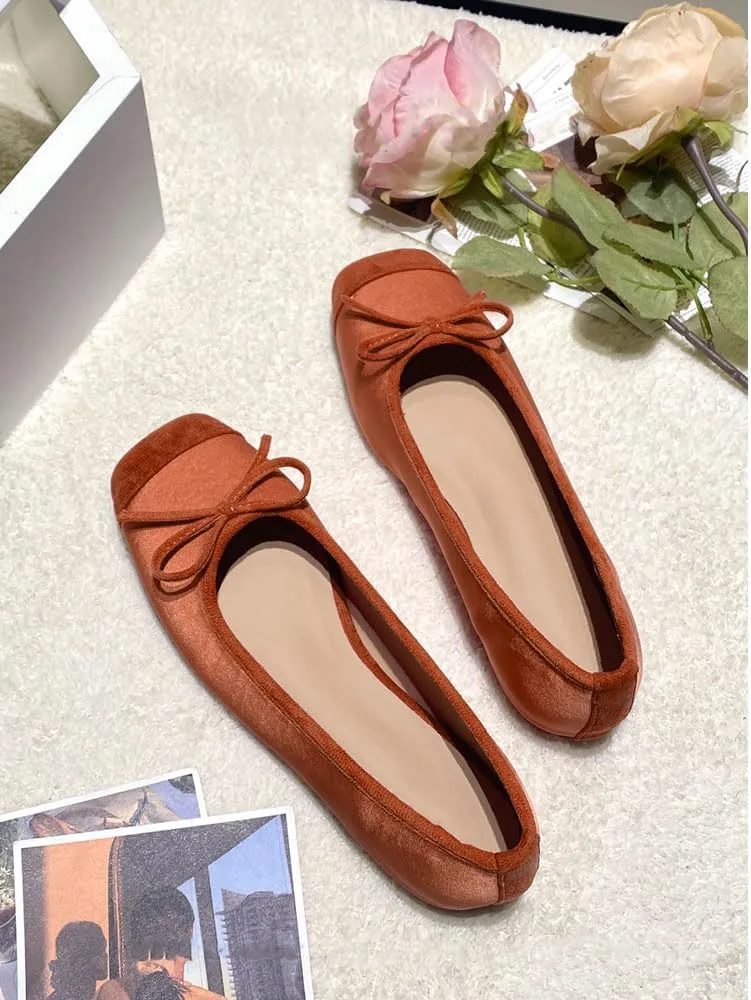 Women's Cute Bow Cap Toe Ballet Flats Fashion Satin Suede Two Toned Low Heels Closed Square Toe Comfortable Slip On Work Prom Party Dress Shoes for Ladies