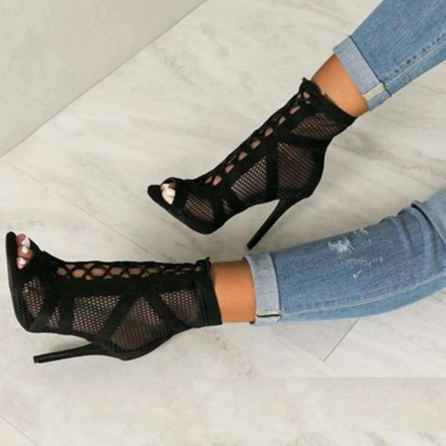 Women's Dance Heels Fashion Peep Toe Ankle Boots Lace up Pumps Party Shoes Ladies Stiletto Sandals Dancing Shoes