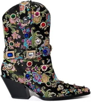Women's Embroidered Rhinestone Western Ankle Boots Pointed Toe Chunky Heel Jewel Studded Cowboy Boots Floral Cowgirl Booties for Women