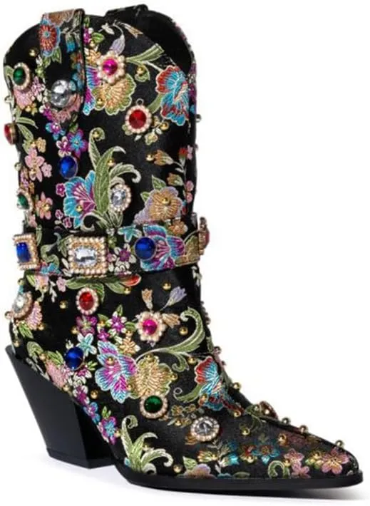 Women's Embroidered Rhinestone Western Ankle Boots Pointed Toe Chunky Heel Jewel Studded Cowboy Boots Floral Cowgirl Booties for Women