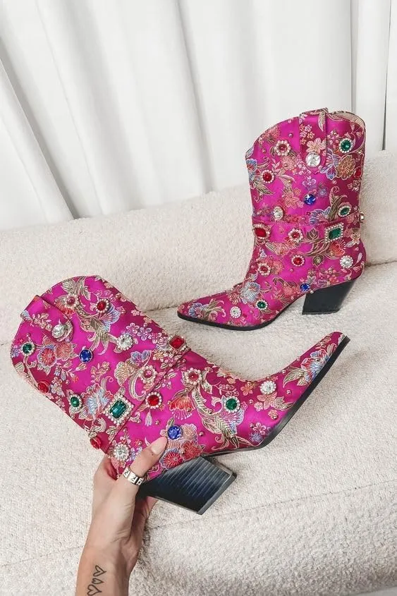 Women's Embroidered Rhinestone Western Ankle Boots Pointed Toe Chunky Heel Jewel Studded Cowboy Boots Floral Cowgirl Booties for Women