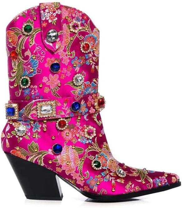 Women's Embroidered Rhinestone Western Ankle Boots Pointed Toe Chunky Heel Jewel Studded Cowboy Boots Floral Cowgirl Booties for Women