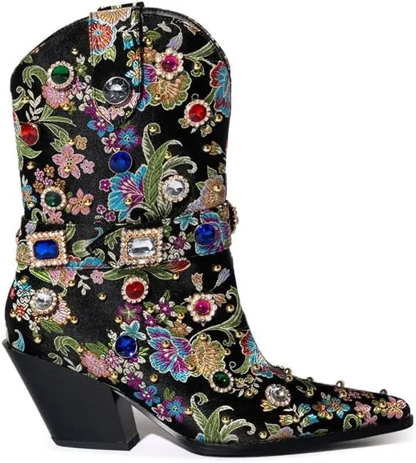 Women's Embroidered Rhinestone Western Ankle Boots Pointed Toe Chunky Heel Jewel Studded Cowboy Boots Floral Cowgirl Booties for Women