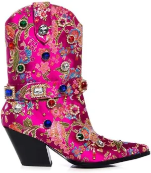 Women's Embroidered Rhinestone Western Ankle Boots Pointed Toe Chunky Heel Jewel Studded Cowboy Boots Floral Cowgirl Booties for Women