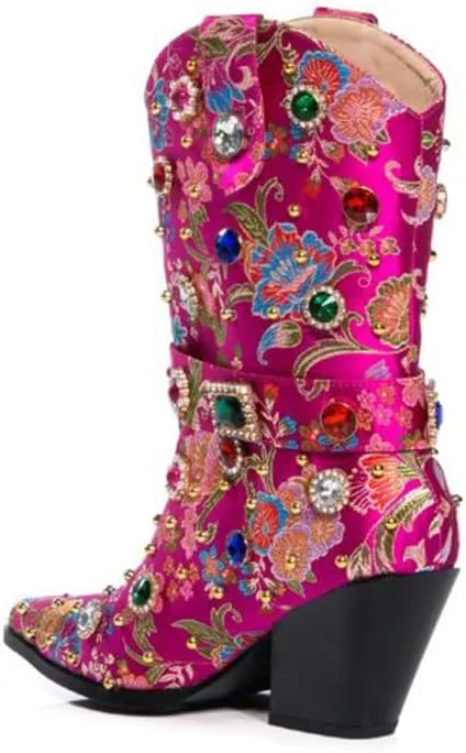 Women's Embroidered Rhinestone Western Ankle Boots Pointed Toe Chunky Heel Jewel Studded Cowboy Boots Floral Cowgirl Booties for Women