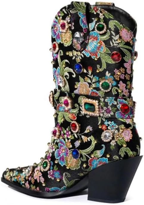 Women's Embroidered Rhinestone Western Ankle Boots Pointed Toe Chunky Heel Jewel Studded Cowboy Boots Floral Cowgirl Booties for Women