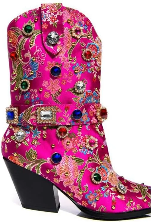 Women's Embroidered Rhinestone Western Ankle Boots Pointed Toe Chunky Heel Jewel Studded Cowboy Boots Floral Cowgirl Booties for Women