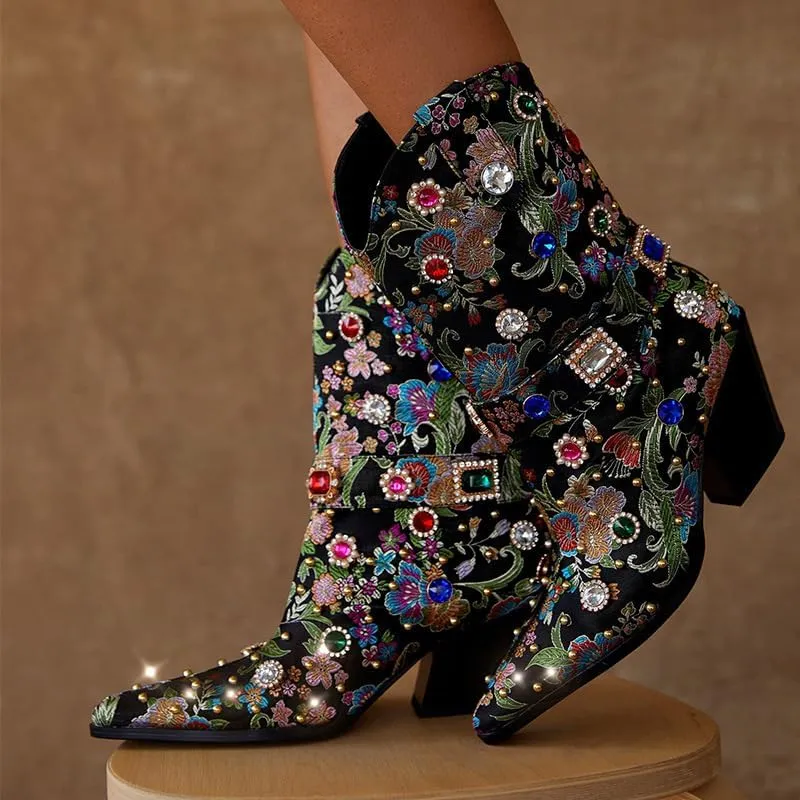 Women's Embroidered Rhinestone Western Ankle Boots Pointed Toe Chunky Heel Jewel Studded Cowboy Boots Floral Cowgirl Booties for Women