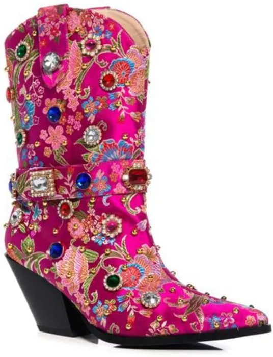 Women's Embroidered Rhinestone Western Ankle Boots Pointed Toe Chunky Heel Jewel Studded Cowboy Boots Floral Cowgirl Booties for Women