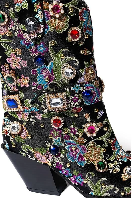 Women's Embroidered Rhinestone Western Ankle Boots Pointed Toe Chunky Heel Jewel Studded Cowboy Boots Floral Cowgirl Booties for Women