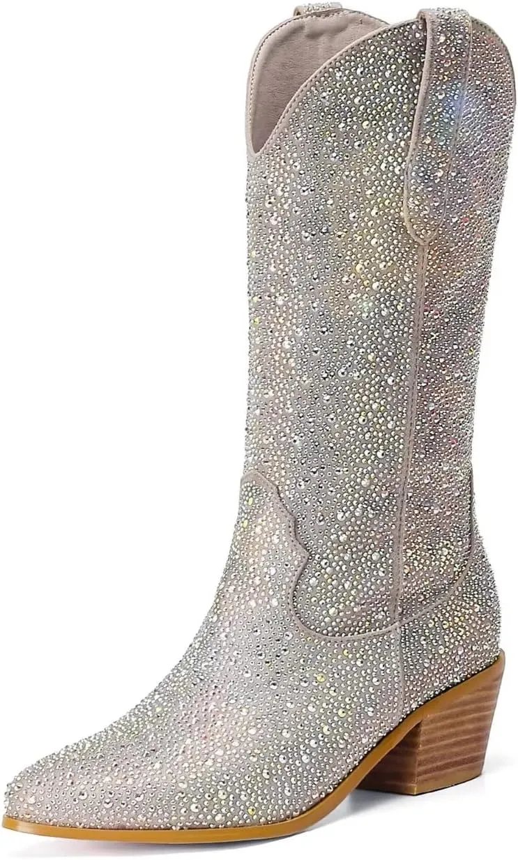 Women's Embroidered Western Cowboy Boots Cowgirl Boots Mid Tube Pointed Toe Chunky Heel Shiny Vintage Fashion Gold Boots