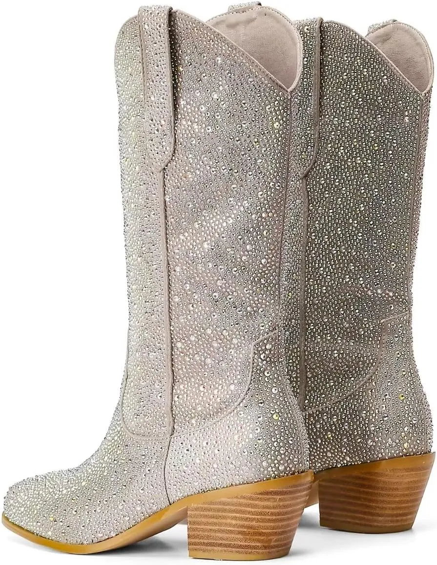 Women's Embroidered Western Cowboy Boots Cowgirl Boots Mid Tube Pointed Toe Chunky Heel Shiny Vintage Fashion Gold Boots