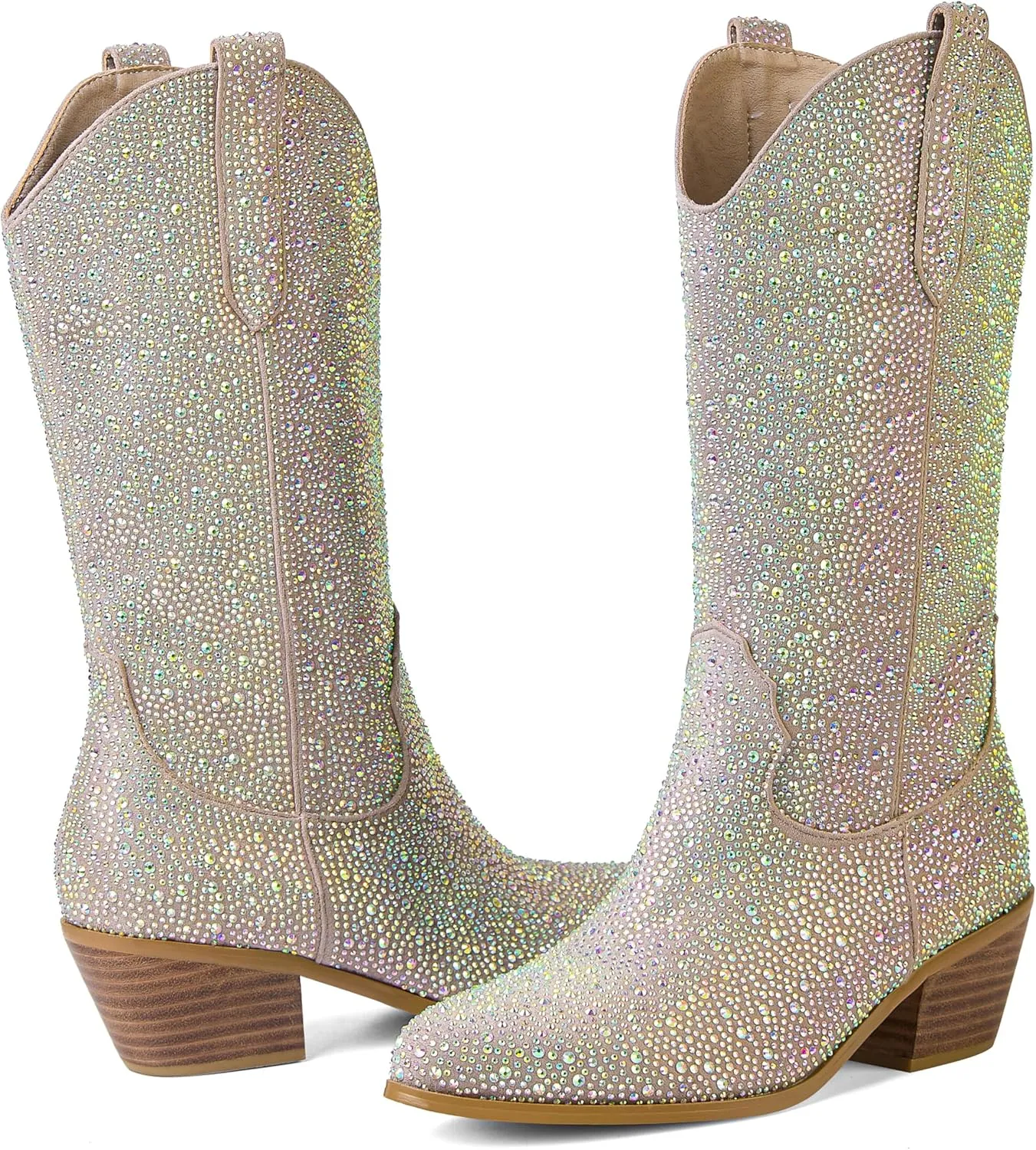 Women's Embroidered Western Cowboy Boots Cowgirl Boots Mid Tube Pointed Toe Chunky Heel Shiny Vintage Fashion Gold Boots