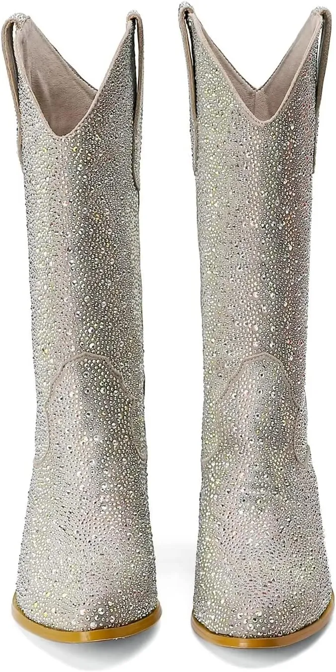 Women's Embroidered Western Cowboy Boots Cowgirl Boots Mid Tube Pointed Toe Chunky Heel Shiny Vintage Fashion Gold Boots