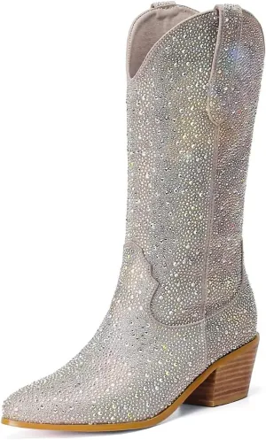 Women's Embroidered Western Cowboy Boots Cowgirl Boots Mid Tube Pointed Toe Chunky Heel Shiny Vintage Fashion Gold Boots