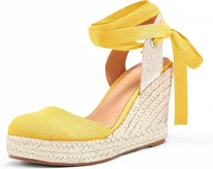 Women's Espadrille Wedge Sandals Closed Toe Lace Up Platform Ankle Wrap Summer Casual Shoes