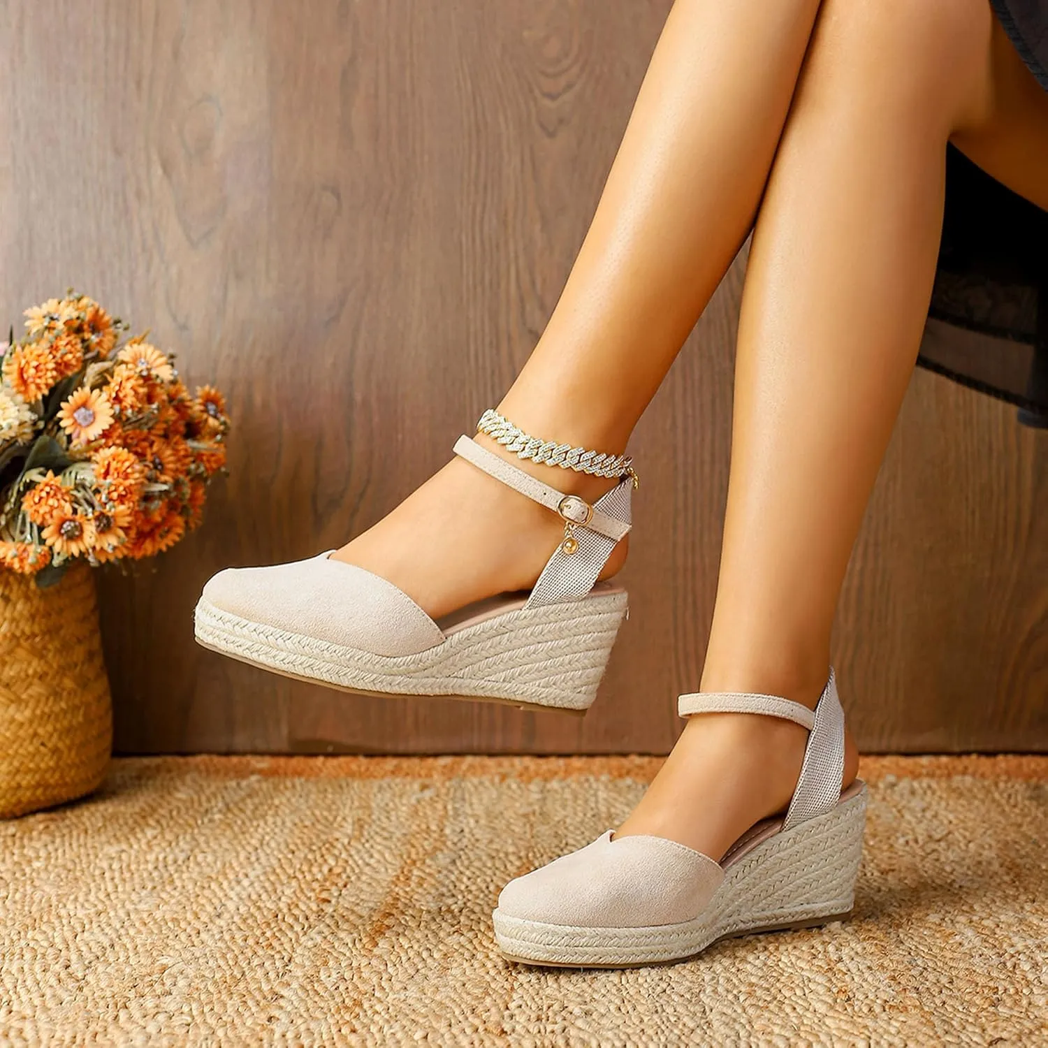 Womens Espadrilles Sandals, Closed Toe Platform for Women Adjustable Ankle Strap Casual Comfortable Wedge Sandals