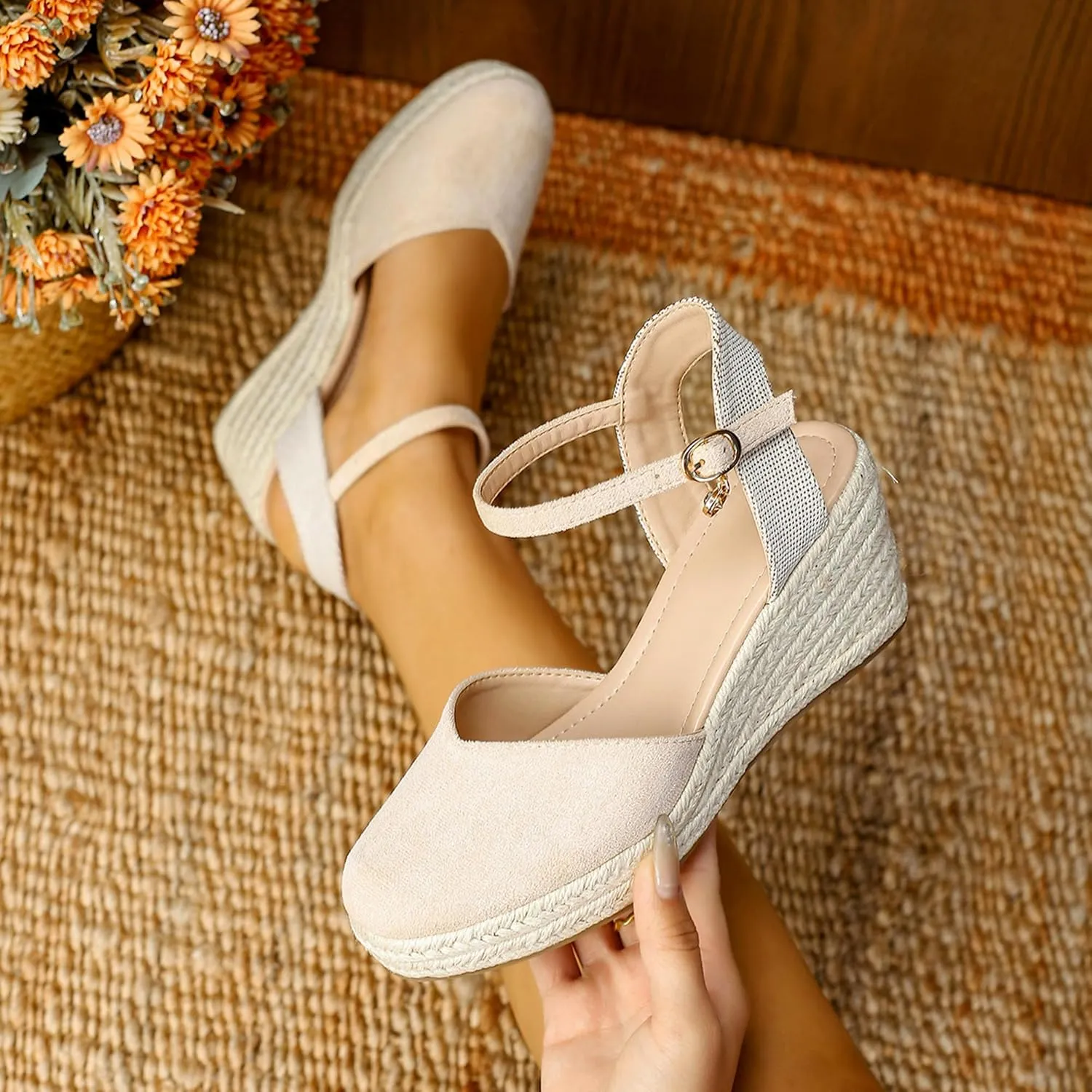 Womens Espadrilles Sandals, Closed Toe Platform for Women Adjustable Ankle Strap Casual Comfortable Wedge Sandals