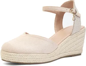 Womens Espadrilles Sandals, Closed Toe Platform for Women Adjustable Ankle Strap Casual Comfortable Wedge Sandals