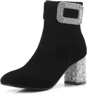 Women's Fashion Glitter Dressy Ankle Boots Square Toe Zipper Chunky High Heel Dress Short Booties