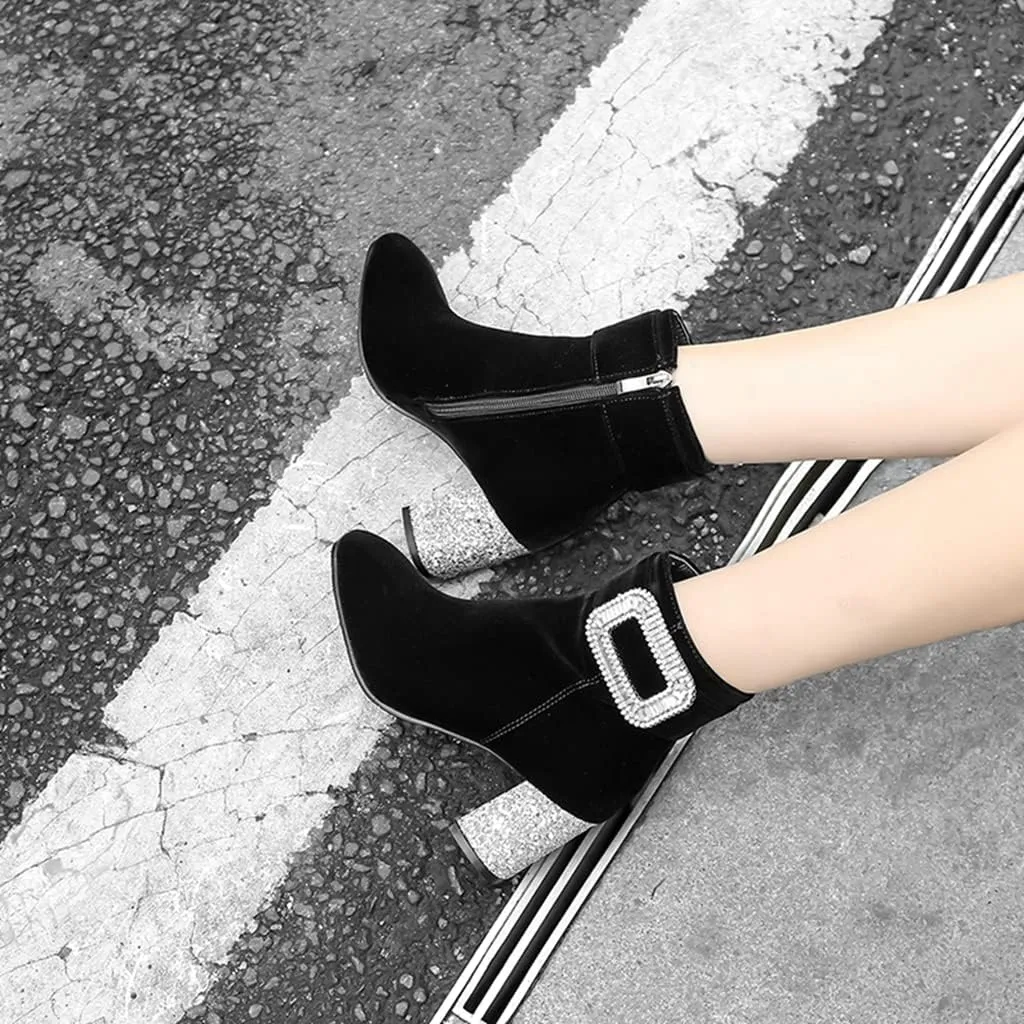 Women's Fashion Glitter Dressy Ankle Boots Square Toe Zipper Chunky High Heel Dress Short Booties