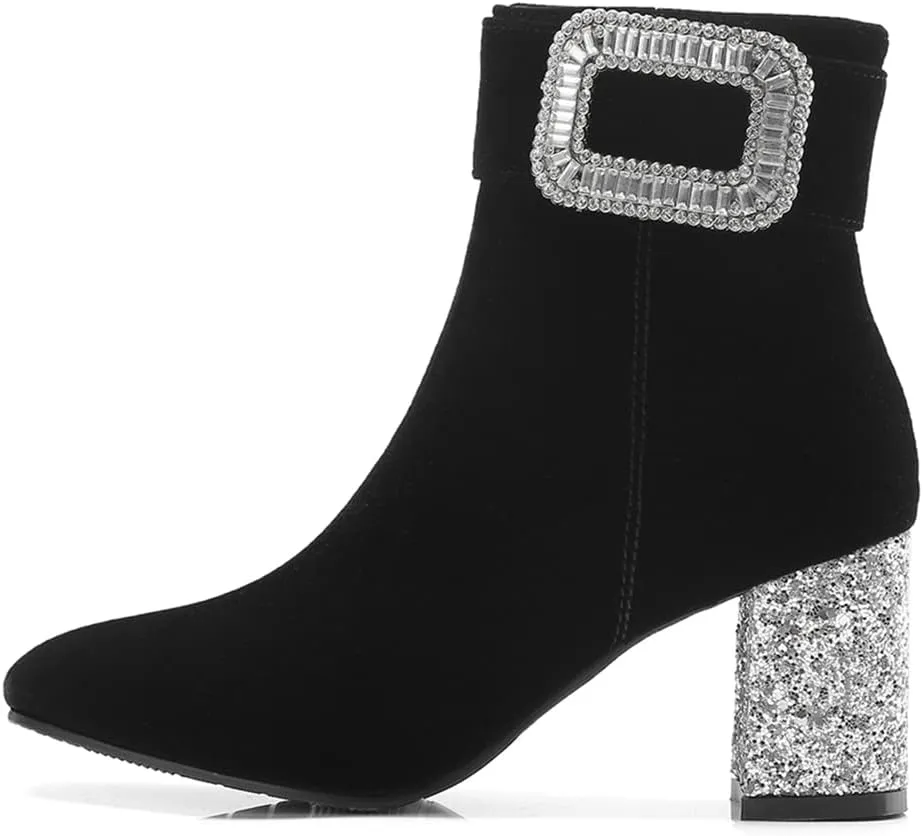 Women's Fashion Glitter Dressy Ankle Boots Square Toe Zipper Chunky High Heel Dress Short Booties