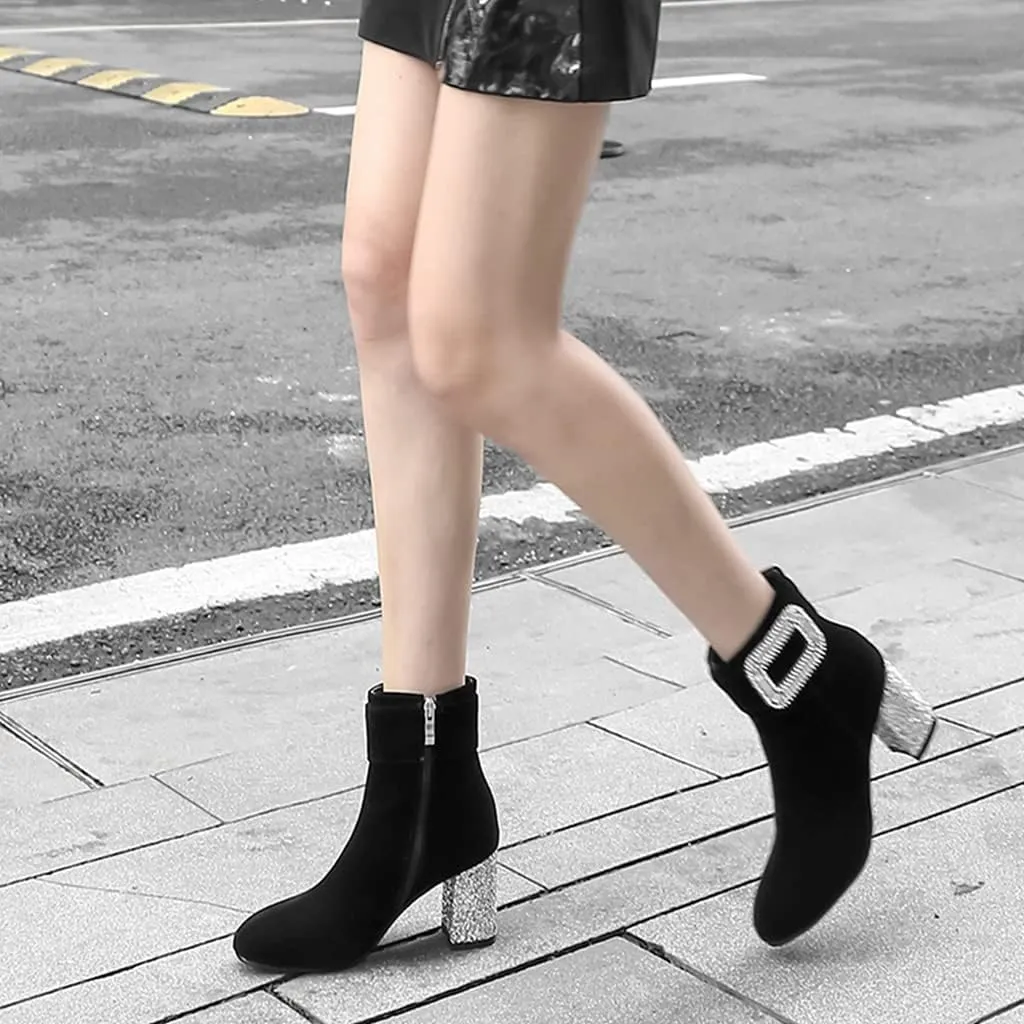 Women's Fashion Glitter Dressy Ankle Boots Square Toe Zipper Chunky High Heel Dress Short Booties