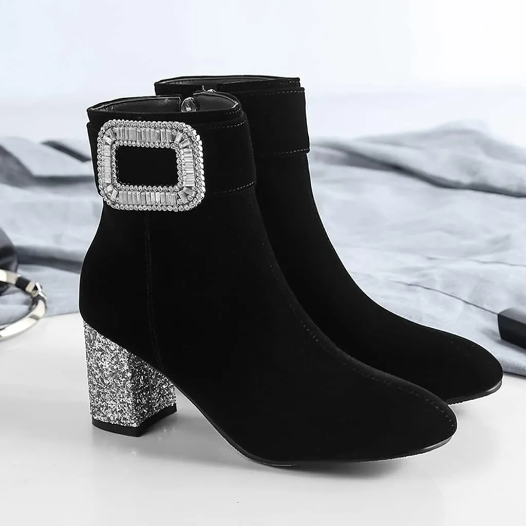 Women's Fashion Glitter Dressy Ankle Boots Square Toe Zipper Chunky High Heel Dress Short Booties