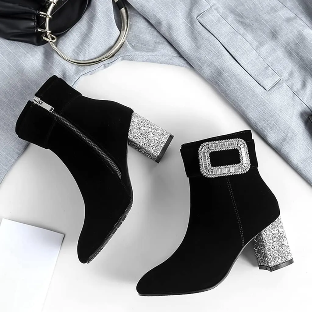 Women's Fashion Glitter Dressy Ankle Boots Square Toe Zipper Chunky High Heel Dress Short Booties