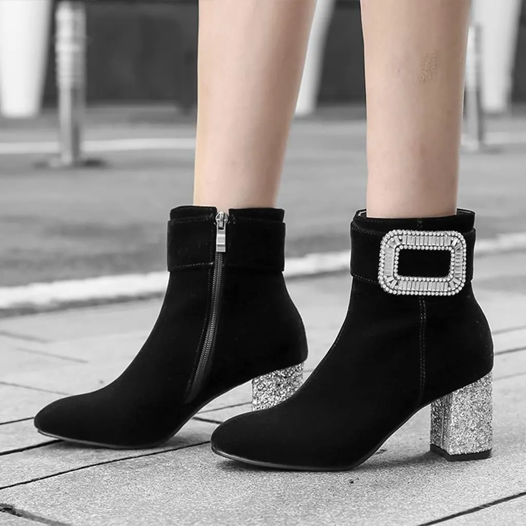 Women's Fashion Glitter Dressy Ankle Boots Square Toe Zipper Chunky High Heel Dress Short Booties