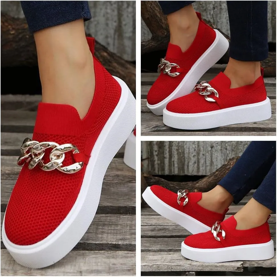 Women's Fashion Mesh Platform Loafers - Slip-On Loafers with Metal Chain, Round Toe Chunky Bottom Casual Walking Shoes Sports Shoes