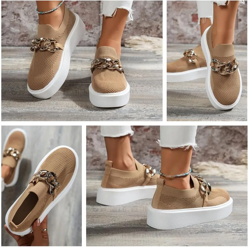 Women's Fashion Mesh Platform Loafers - Slip-On Loafers with Metal Chain, Round Toe Chunky Bottom Casual Walking Shoes Sports Shoes