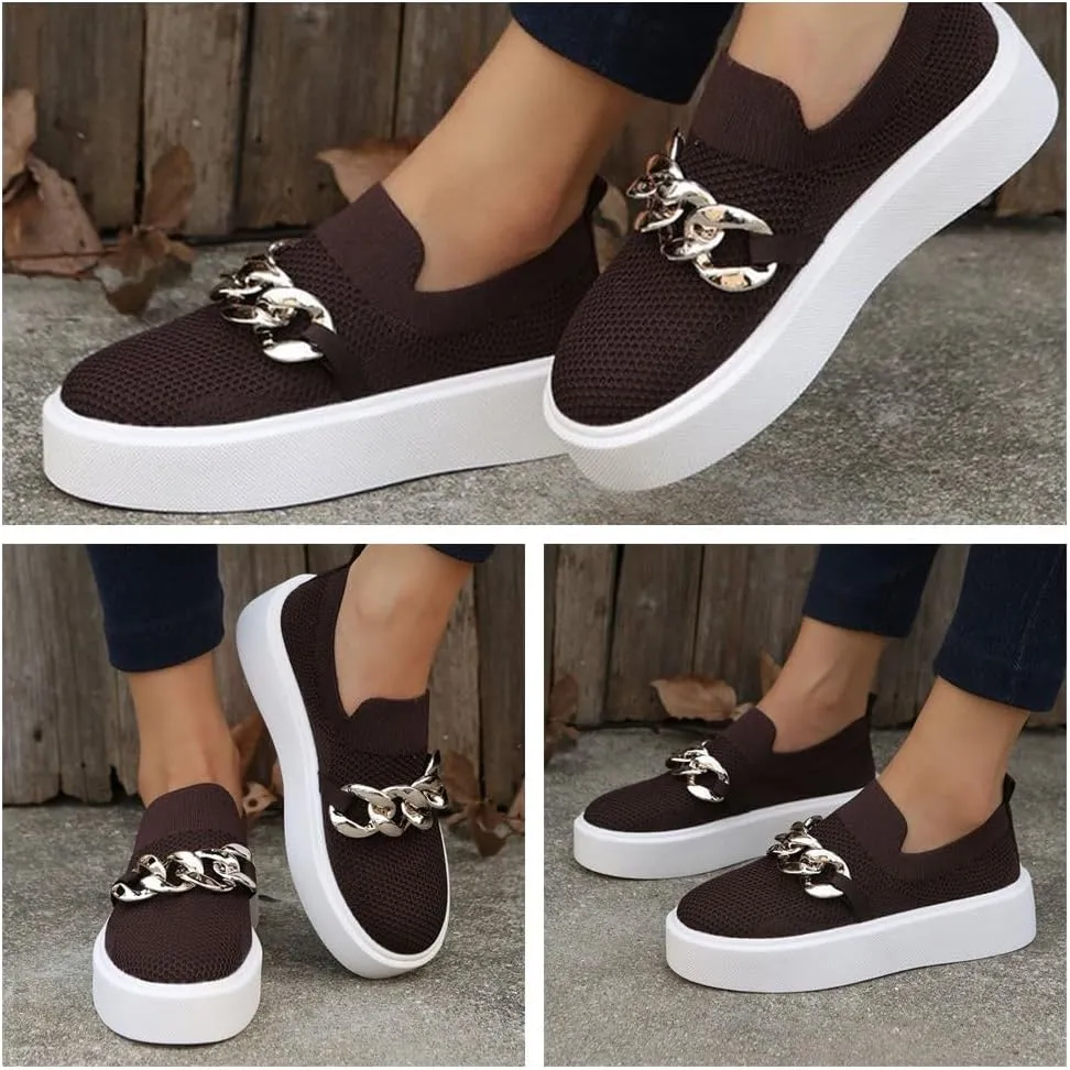 Women's Fashion Mesh Platform Loafers - Slip-On Loafers with Metal Chain, Round Toe Chunky Bottom Casual Walking Shoes Sports Shoes