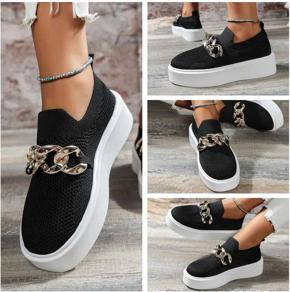 Women's Fashion Mesh Platform Loafers - Slip-On Loafers with Metal Chain, Round Toe Chunky Bottom Casual Walking Shoes Sports Shoes