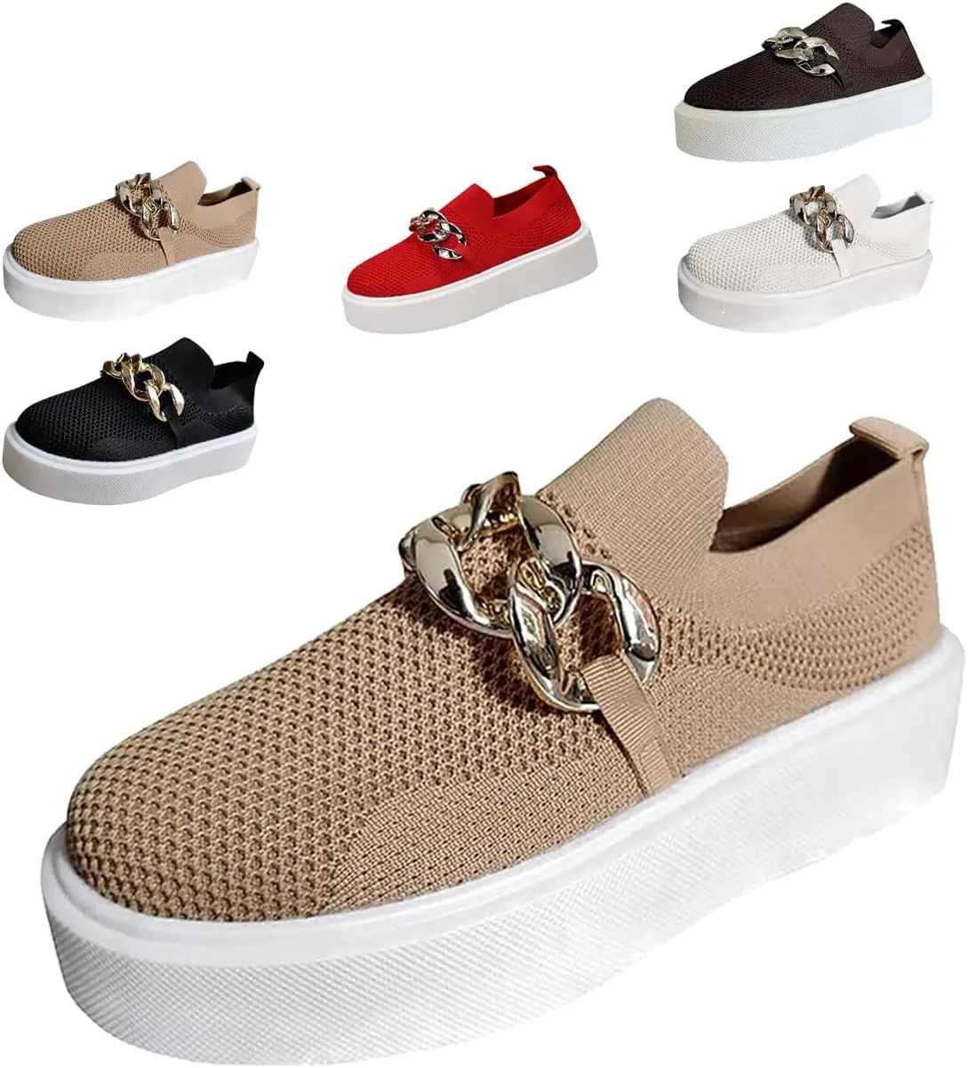 Women's Fashion Mesh Platform Loafers - Slip-On Loafers with Metal Chain, Round Toe Chunky Bottom Casual Walking Shoes Sports Shoes