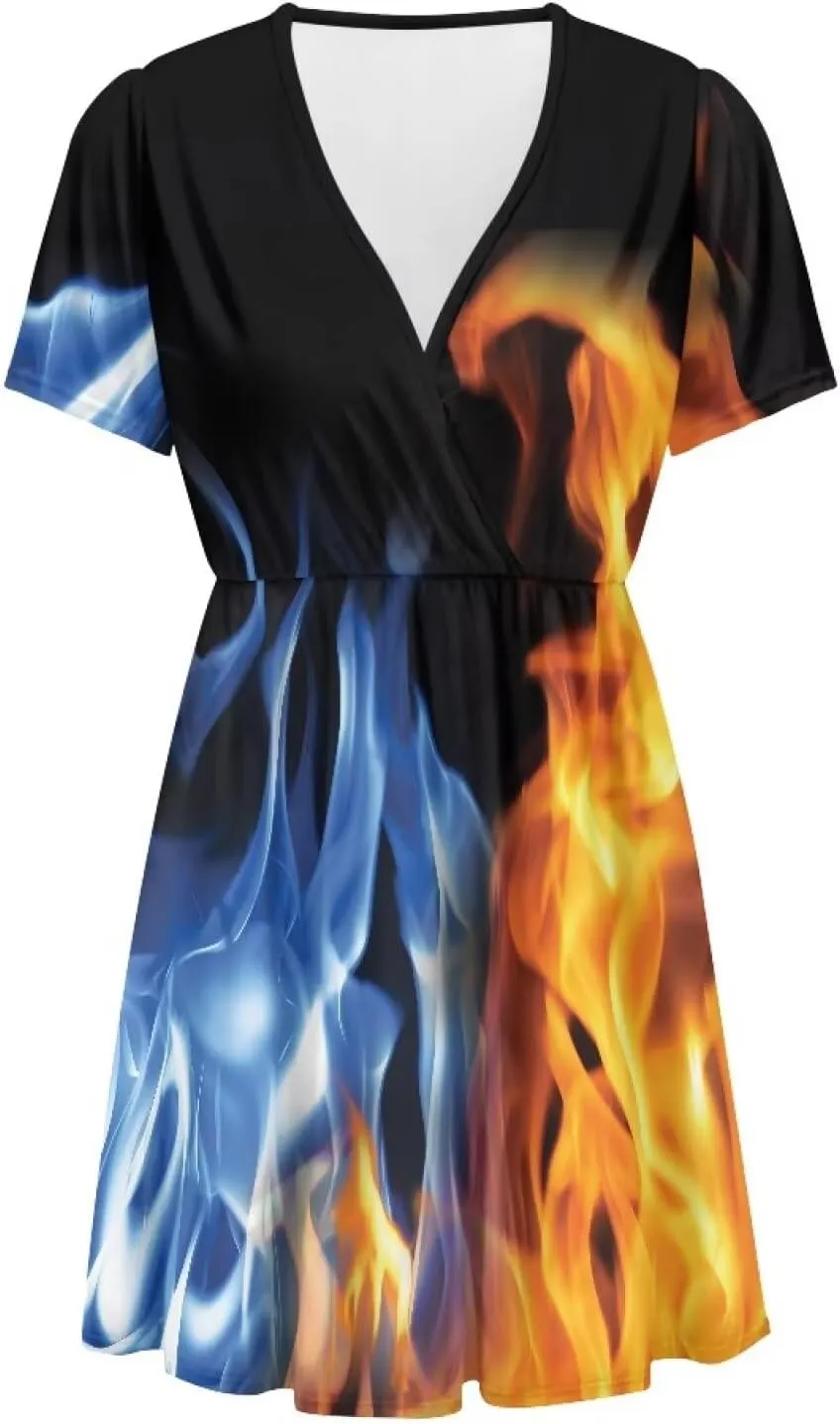 Womens Fire Short Sleeve Mini Dresses Summer Deep V Neck Tunic Dress Plus Size Novelty Party Sundress S-2XL