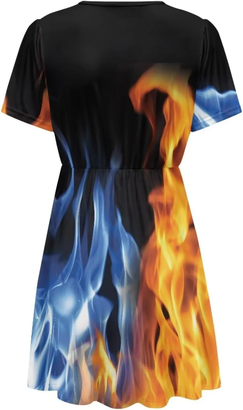 Womens Fire Short Sleeve Mini Dresses Summer Deep V Neck Tunic Dress Plus Size Novelty Party Sundress S-2XL