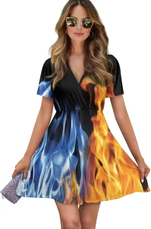 Womens Fire Short Sleeve Mini Dresses Summer Deep V Neck Tunic Dress Plus Size Novelty Party Sundress S-2XL