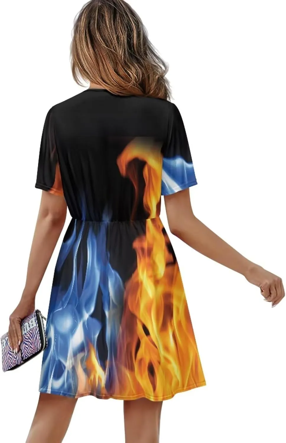 Womens Fire Short Sleeve Mini Dresses Summer Deep V Neck Tunic Dress Plus Size Novelty Party Sundress S-2XL