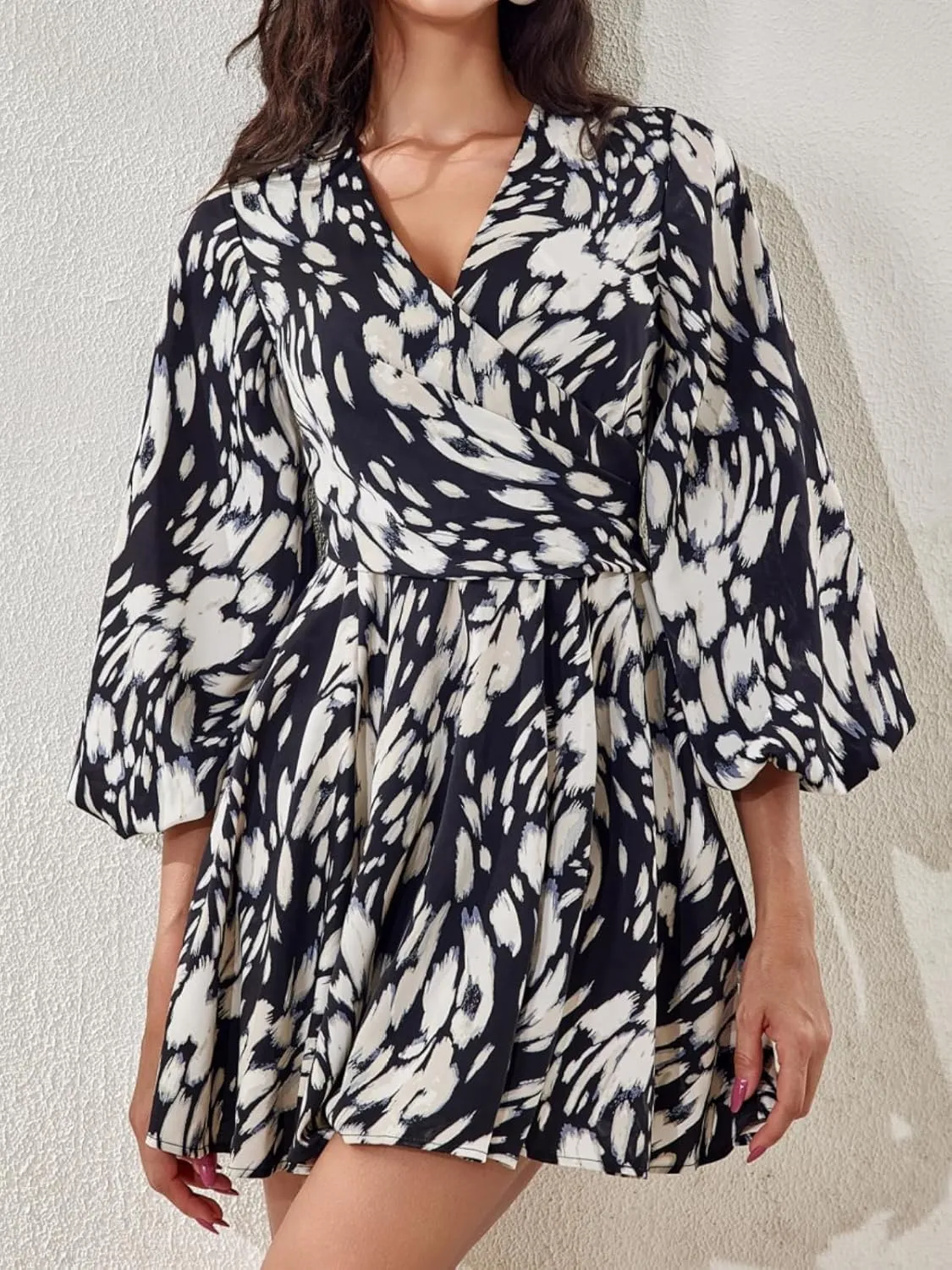 Women's Flared Sleeves Printed Wrap A-Line Mini Boho Dress