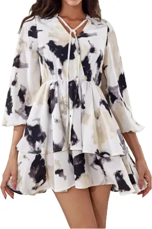 Women's Flared Sleeves Printed Wrap A-Line Mini Boho Dress