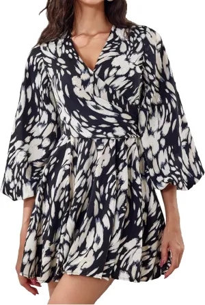 Women's Flared Sleeves Printed Wrap A-Line Mini Boho Dress