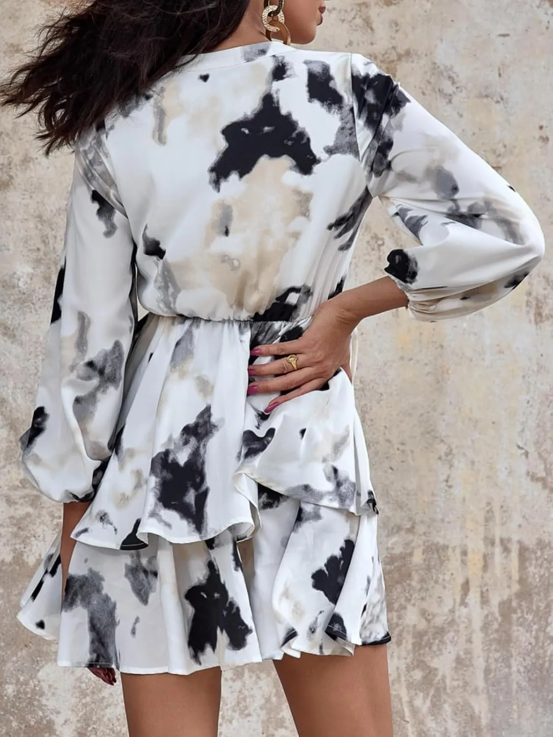 Women's Flared Sleeves Printed Wrap A-Line Mini Boho Dress